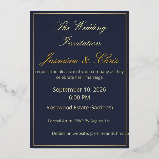 Elegant Navy Blue and Gold Foil Wedding Invitation (Front)