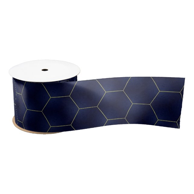 Elegant Navy Blue and Gold Geometric  Satin Ribbon (Spool)