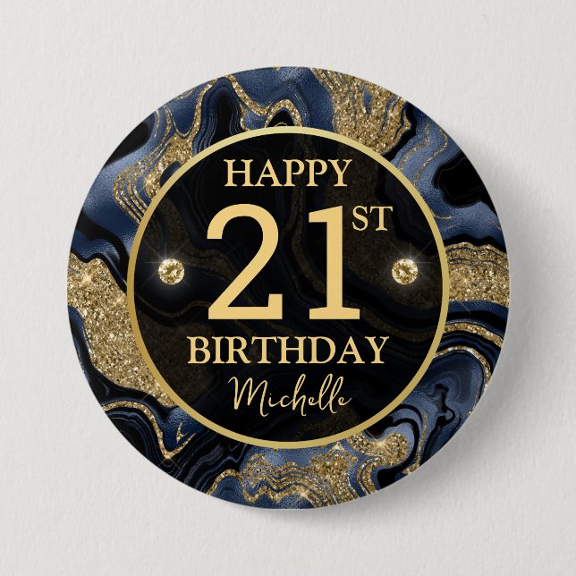Elegant Navy Blue and Gold Glitter Agate Birthday 7.5 Cm Round Badge (Front)