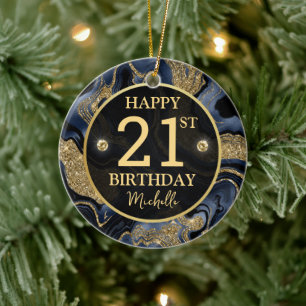 Elegant Navy Blue and Gold Glitter Agate Birthday Ceramic Tree Decoration