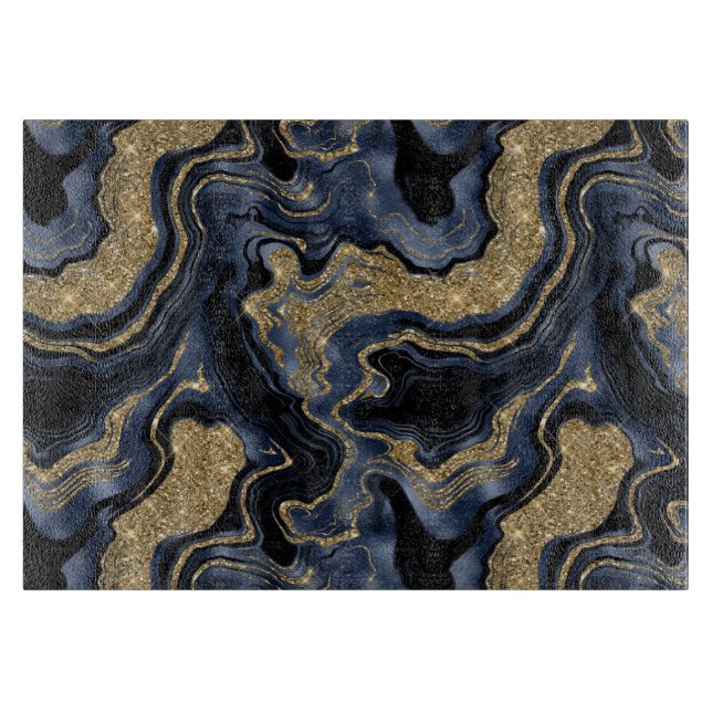 Elegant Navy Blue and Gold Glitter Agate Pattern Cutting Board (Front)