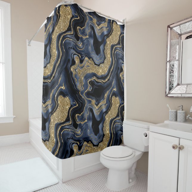 Elegant Navy Blue and Gold Glitter Agate Pattern Shower Curtain (In Situ)