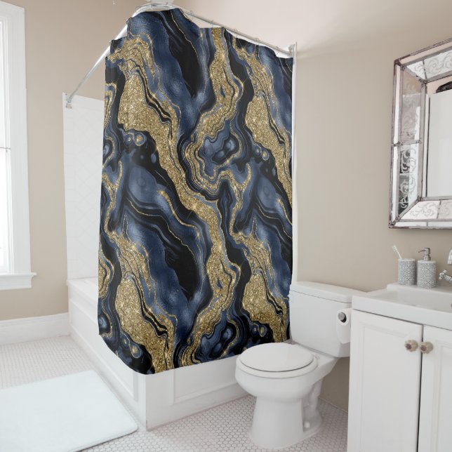 Elegant Navy Blue and Gold Glitter Agate Pattern Shower Curtain (In Situ)