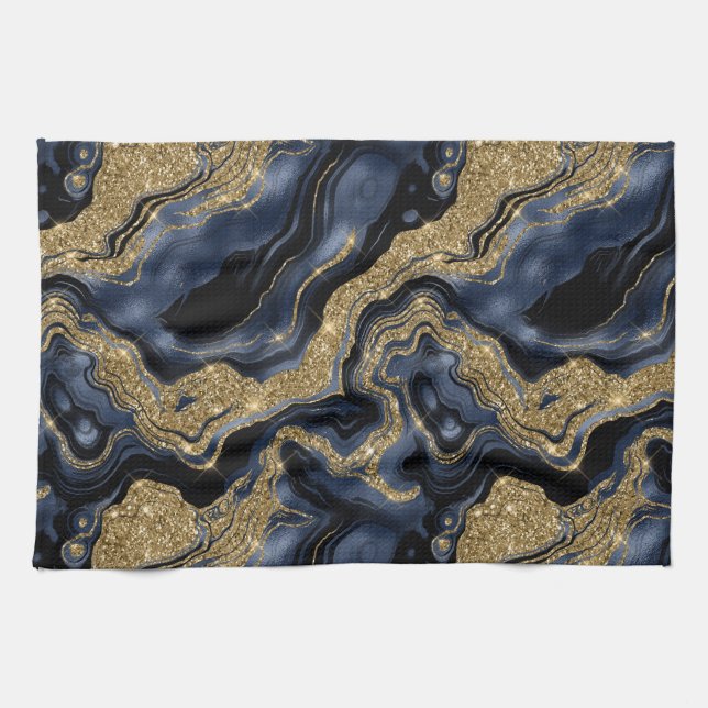 Elegant Navy Blue and Gold Glitter Agate Pattern Tea Towel (Horizontal)