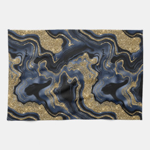 Elegant Navy Blue and Gold Glitter Agate Pattern Tea Towel