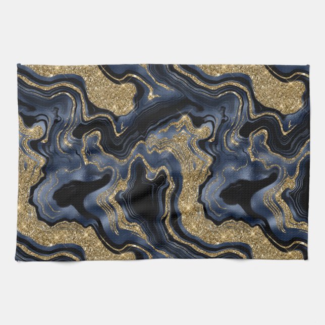 Elegant Navy Blue and Gold Glitter Agate Pattern Tea Towel (Horizontal)