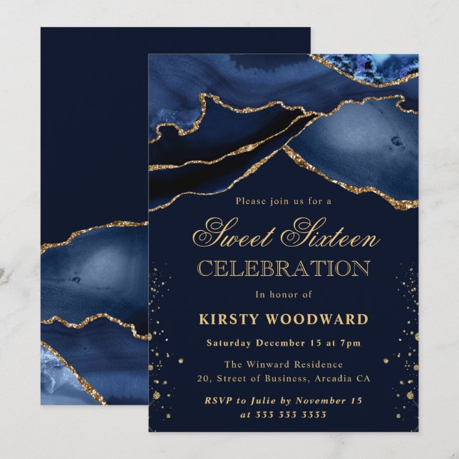 Elegant Navy Blue and Gold Glitter Agate Sweet 16 Invitation (Front/Back)
