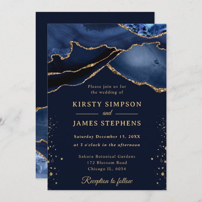 Elegant Navy Blue and Gold Glitter Agate Wedding Invitation (Front/Back)
