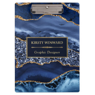 Elegant Navy Blue and Gold Glitter Ocean Agate Clipboard