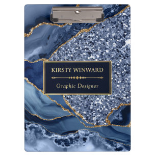 Elegant Navy Blue and Gold Glitter Ocean Agate Clipboard