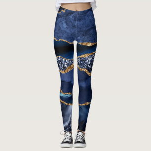 Elegant Navy Blue and Gold Glitter Ocean Agate Leggings