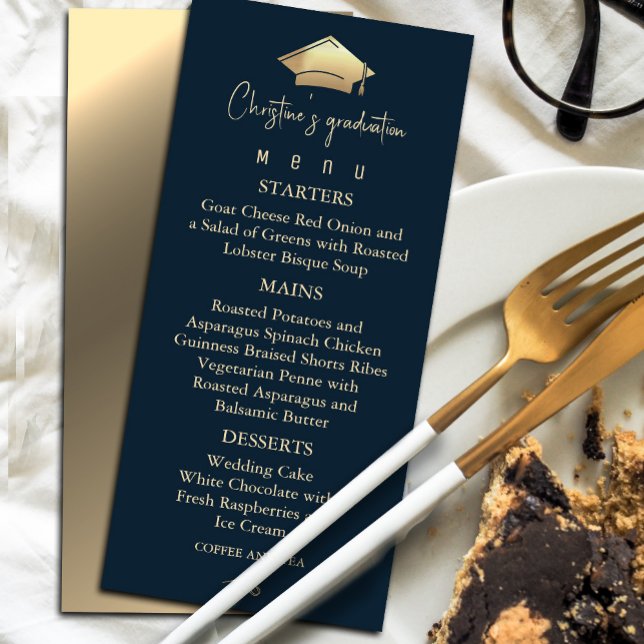 Elegant Navy Blue and Gold Graduation Menu (Elegant Navy Blue and Gold Graduation Menu #graduationmenu #dinner #graduate)