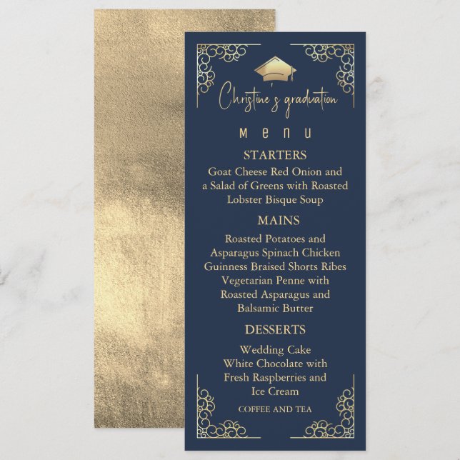 Elegant Navy Blue and Gold Graduation Menu (Front/Back)