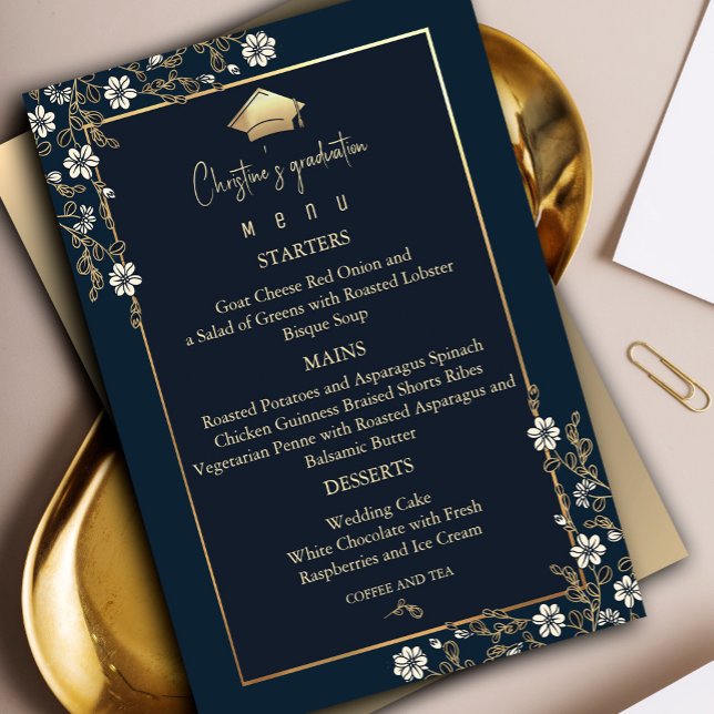 Elegant Navy Blue and Gold Graduation Menu Invitation (Elegant Navy Blue and Gold Graduation #graduationparty #graduate #menu #dinner #dining #floralframe)