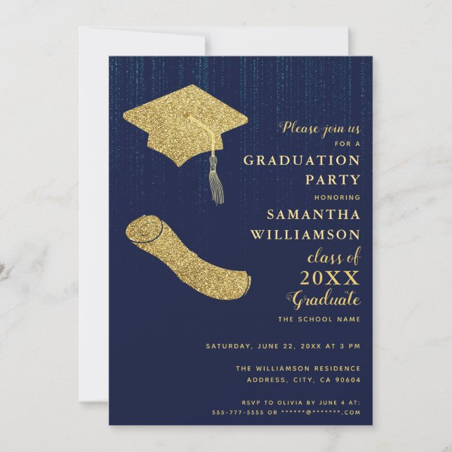 Elegant Navy Blue and Gold Graduation Party Invitation (Front)