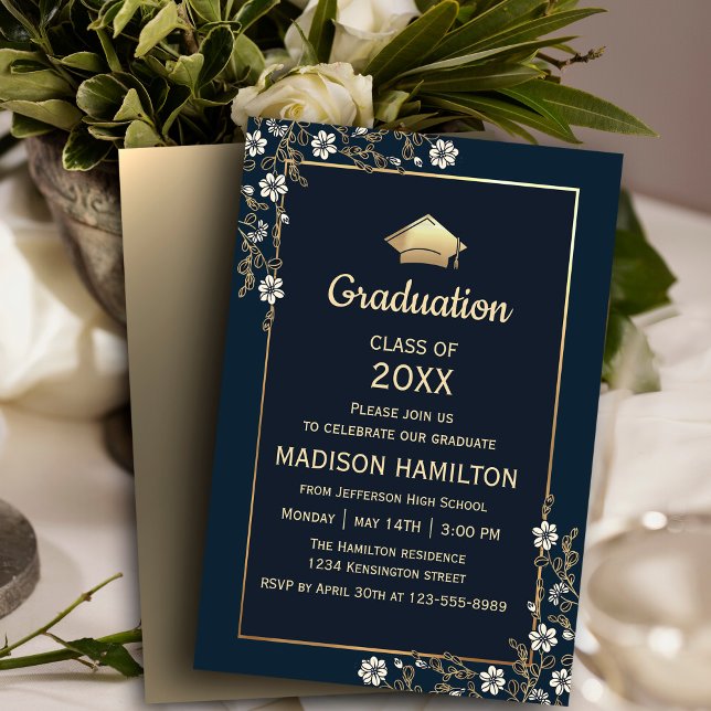 Elegant Navy Blue and Gold Graduation Party Invitation (Elegant Navy Blue and Gold Graduation Party Invitation #graduationparty #graduate #navyandgold)