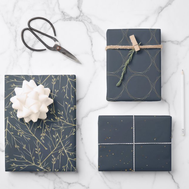 Elegant Navy Blue and Gold Pattern Wrapping Paper Sheet (Front)