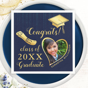 Elegant Navy Blue and Gold Photo 2025 Graduation Napkin