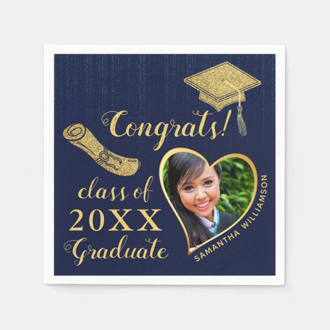 Elegant Navy Blue and Gold Photo 2025 Graduation Napkin (Front)