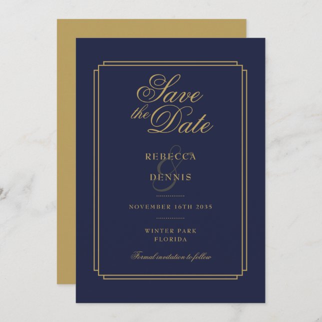 Elegant Navy Blue and Gold Script Art Deco Wedding Save The Date (Front/Back)