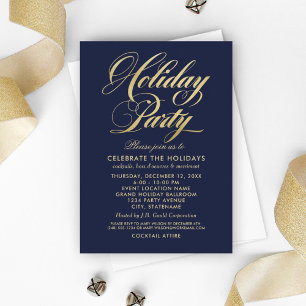 Elegant Navy Blue and Gold Script Holiday Party Invitation