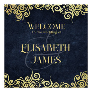Elegant Navy Blue And Gold Swirl Wedding Welcome Poster