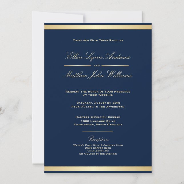 Elegant Navy Blue and Gold Trim Wedding Invitation (Back)