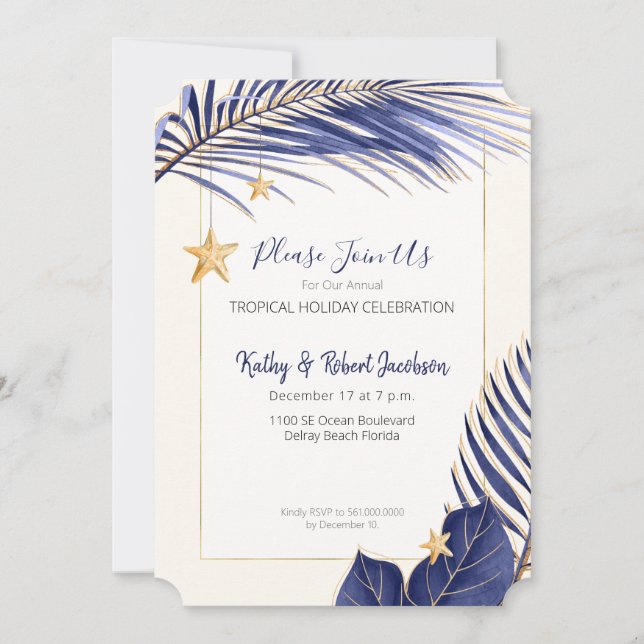 Elegant Navy Blue and Gold Tropical Holiday Party Invitation (Front)