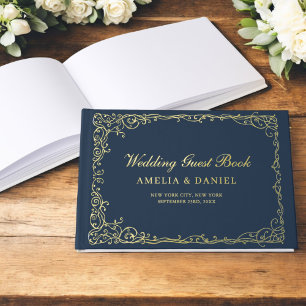 Elegant Navy Blue and Gold Vintage Floral Guest Book