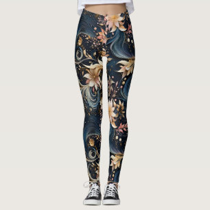 Elegant Navy Blue And Gold Vintage Floral Leggings