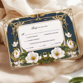 Elegant Navy Blue and Gold Vintage Wedding RSVP Card