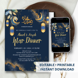 Elegant Navy Blue and Gold Watercolor Iftar Invitation