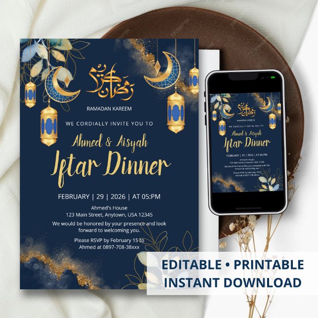 Elegant Navy Blue and Gold Watercolor Iftar Invitation (Creator Uploaded)
