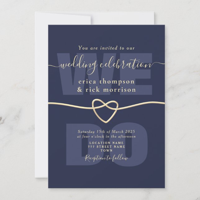 Elegant Navy Blue and Gold We Do Wedding  Invitation (Front)