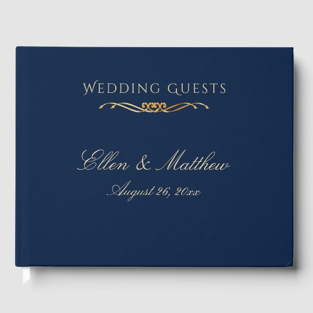 Elegant Navy Blue and Gold Wedding  Guest Book (Front)