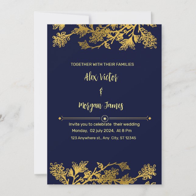 Elegant Navy Blue and Gold Wedding Invitation  (Front)