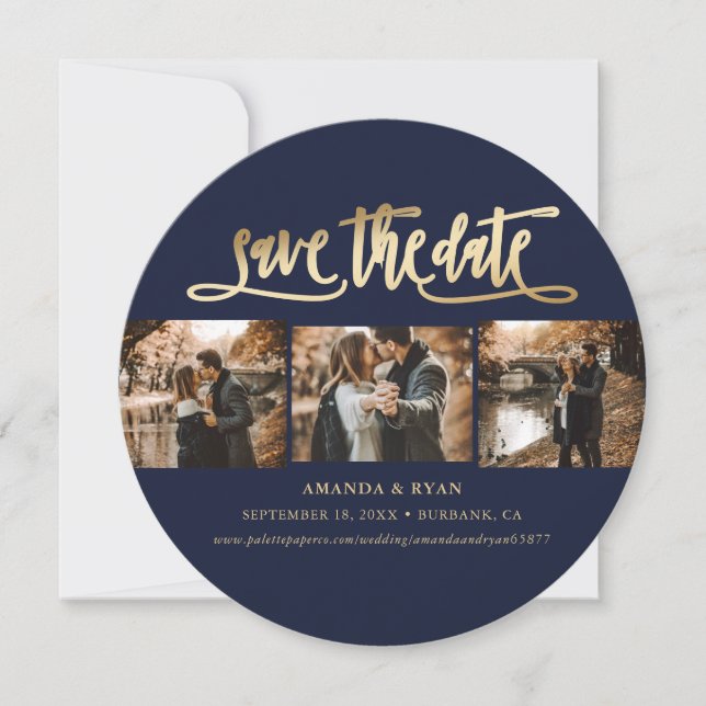 Elegant Navy Blue and Gold Wedding Photo Save The Date (Front)