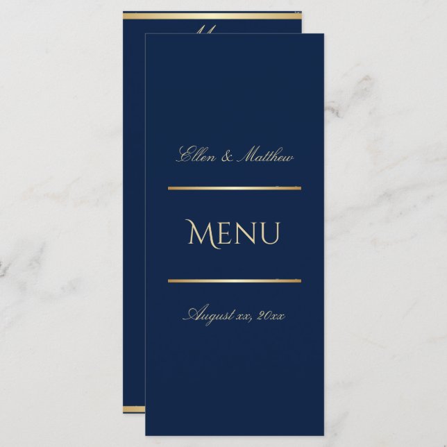 Elegant Navy Blue and Gold Wedding Reception Menu (Front/Back)