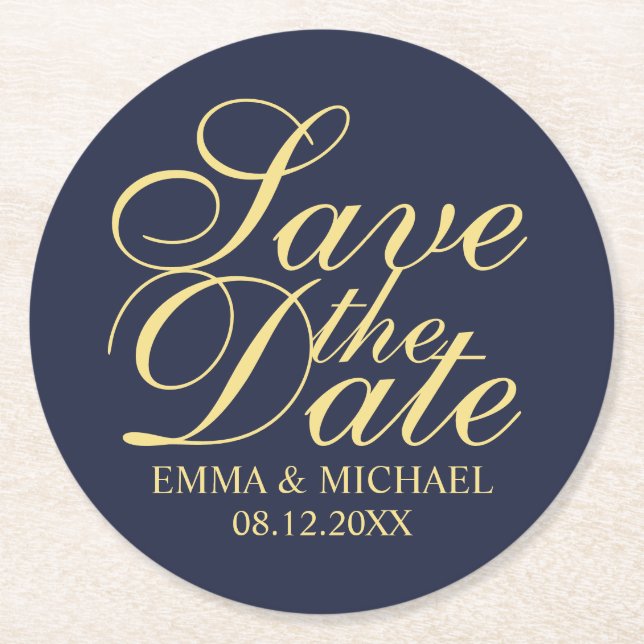 Elegant Navy Blue and Gold Wedding Save the Date Round Paper Coaster (Front)