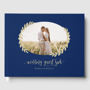 Elegant Navy Blue and Gold Wreath Wedding Photo Guest Book