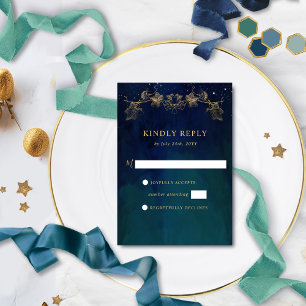 Elegant Navy, Blue and Green Celestial Gilded RSVP Card