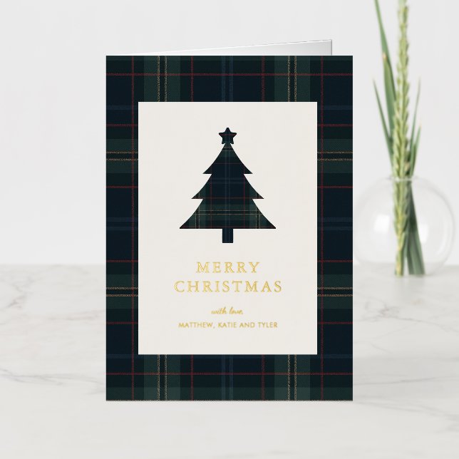 Elegant Navy Blue and Green Plaid Christmas Foil Holiday Card (Front)