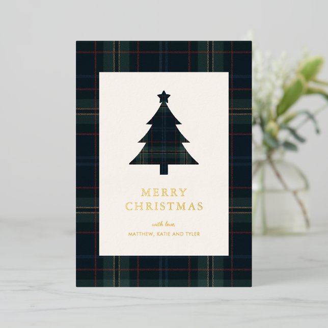Elegant Navy Blue and Green Plaid Christmas Foil Holiday Card (Standing Front)