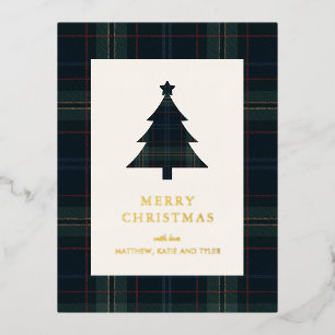 Elegant Navy Blue and Green Plaid Christmas Foil Holiday Postcard