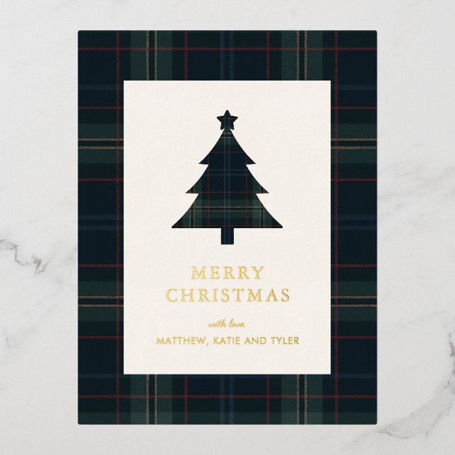 Elegant Navy Blue and Green Plaid Christmas Foil Holiday Postcard (Front)
