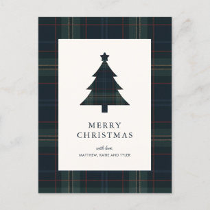 Elegant Navy Blue and Green Plaid Christmas Holiday Postcard
