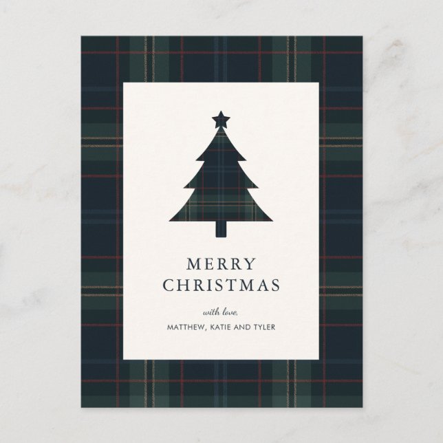 Elegant Navy Blue and Green Plaid Christmas Holiday Postcard (Front)