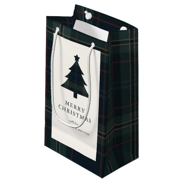 Elegant Navy Blue and Green Plaid Christmas Small Gift Bag (Front Angled)