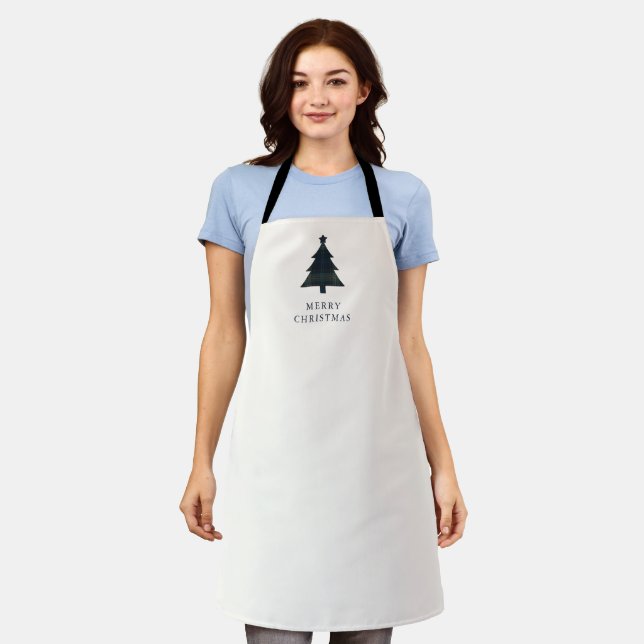 Elegant Navy Blue and Green Plaid Christmas Tree Apron (Worn)
