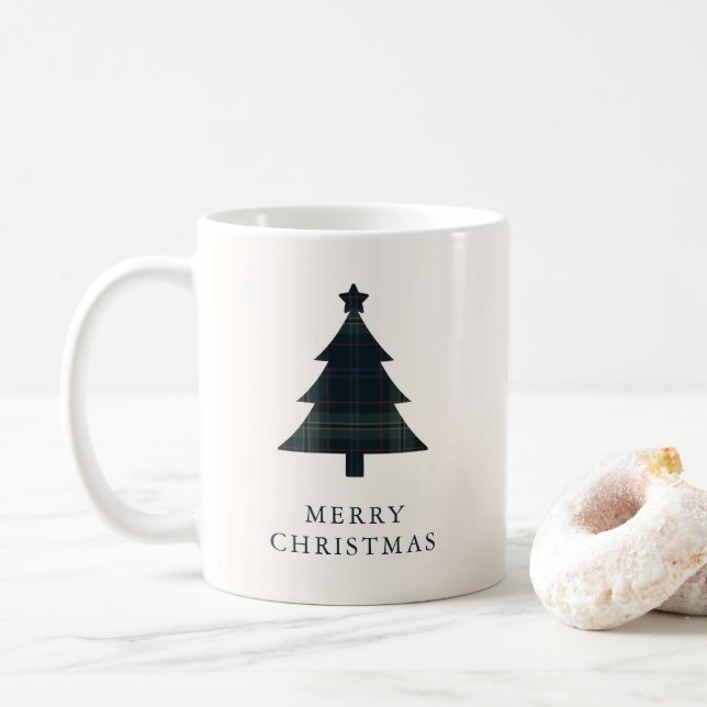Elegant Navy Blue and Green Plaid Christmas Tree Coffee Mug (With Donut)